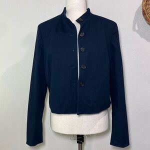Liz Claiborne Cropped Navy Blue Botton Up Blazer Jacket Cotton Blend Size 8